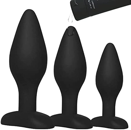 Silicone Anal Plug Set, 3-Piece, Black - Adult Sex Toys