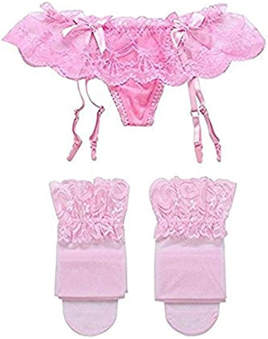 Womens Lace Garter Belt Panties & Sheer Stockings 3 Pieces Lingerie Sets
