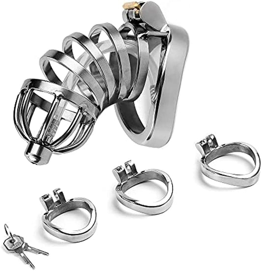 Silver Male Chastity Cage with Urethral Tube, 3 Rings