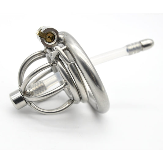 Stainless Steel Cock Cage Penis Ring Chastity Device with Catheter