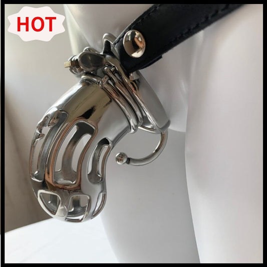 Metal Chastity Cage Bondage Belt - Carved Hollow Lock Cock Cage