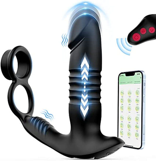 Dual Cock Ring Prostate Massager with Anal Plug - App & Remote Control - 7 Modes